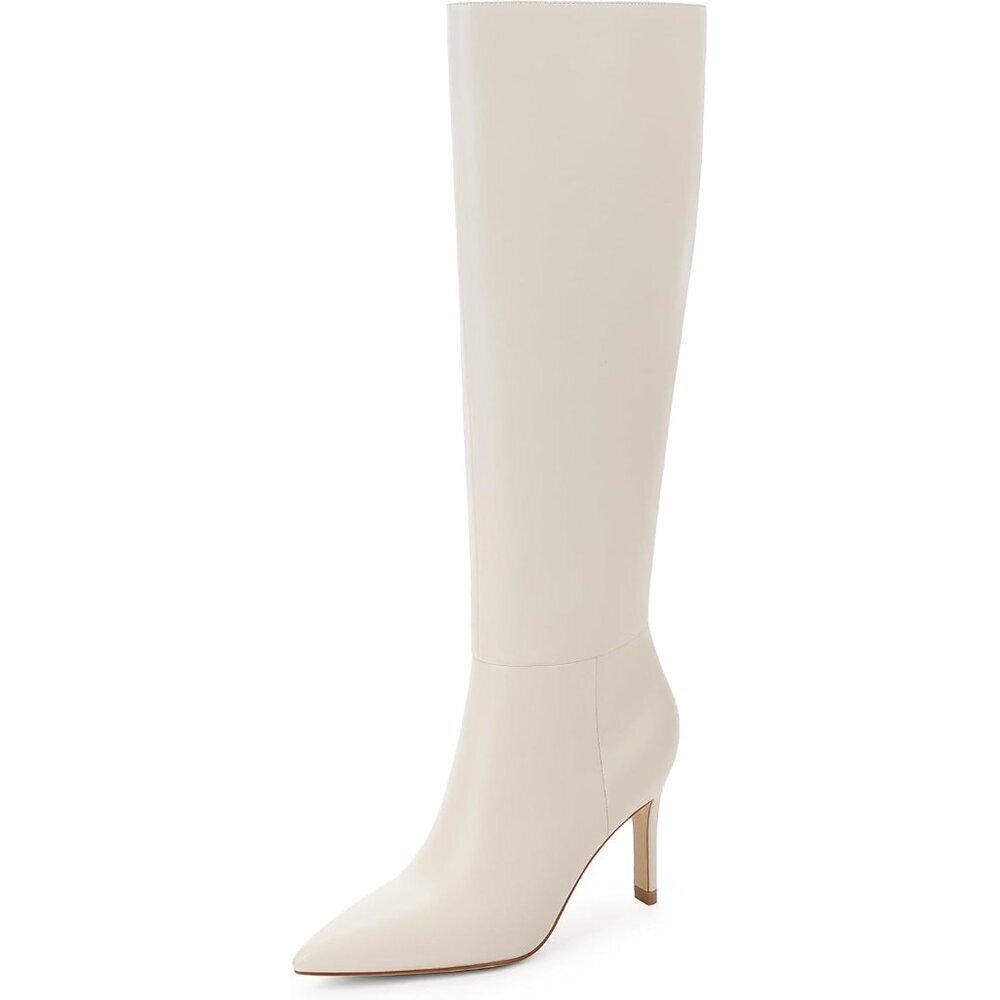 Women Beige Faux Leather Pointed Toe Tall  Stiletto High Heel Zipper Dress Boots